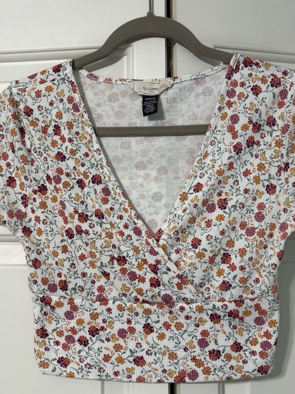 No Comment Floral Ribbed Wrap Crop Top in White with Pink & Gold Flowers